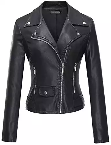 Tanming Women’s Faux Leather Moto Biker Short Coat Jacket